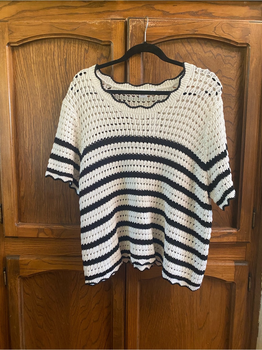 GAP White & Black Striped Crochet Short-Sleeve Top